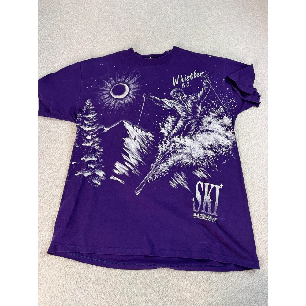 Vintage Jerzees Ski Mountain AOP USA Whistler B.C. Graphic T Shirt Purple XL